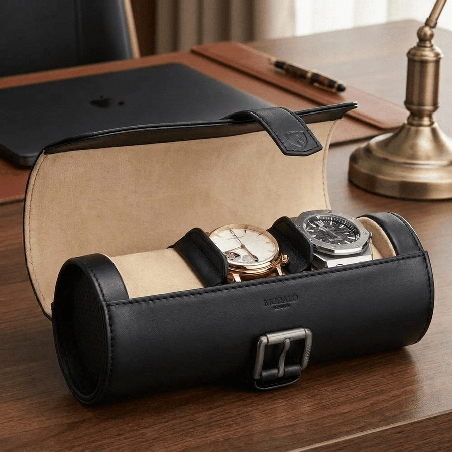 Modalo GENIUS horlogerol leder Saphire Black - lifestyle open met horloges