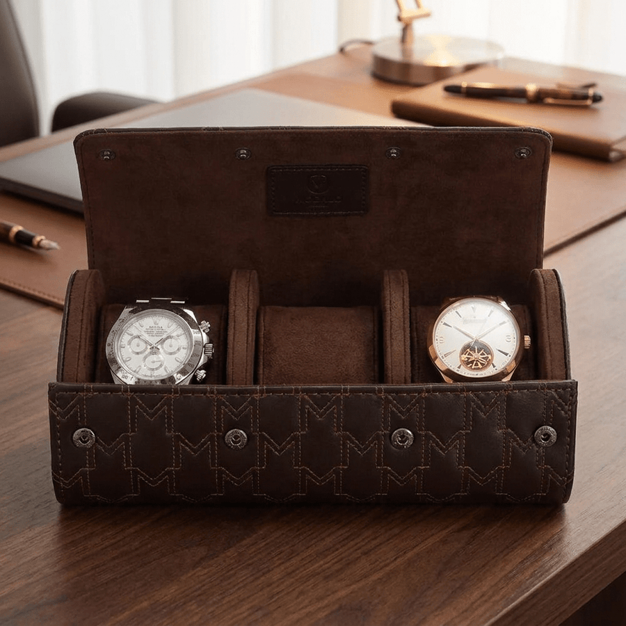 Modalo OPTIMUS horlogerol leder 3 horloges Dark Brown - lifestyle open met horloges