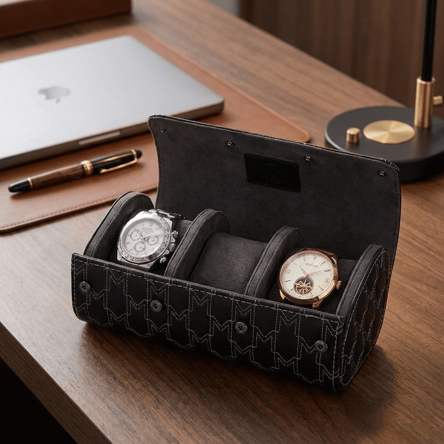 Modalo OPTIMUS horlogerol leder 3 horloges Saphire Black - lifestyle open met horloges