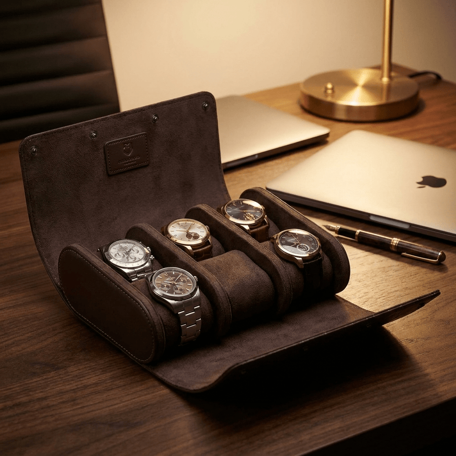 Modalo OPTIMUS horlogerol leder 6 horloges Dark Brown - lifestyle open met horloges