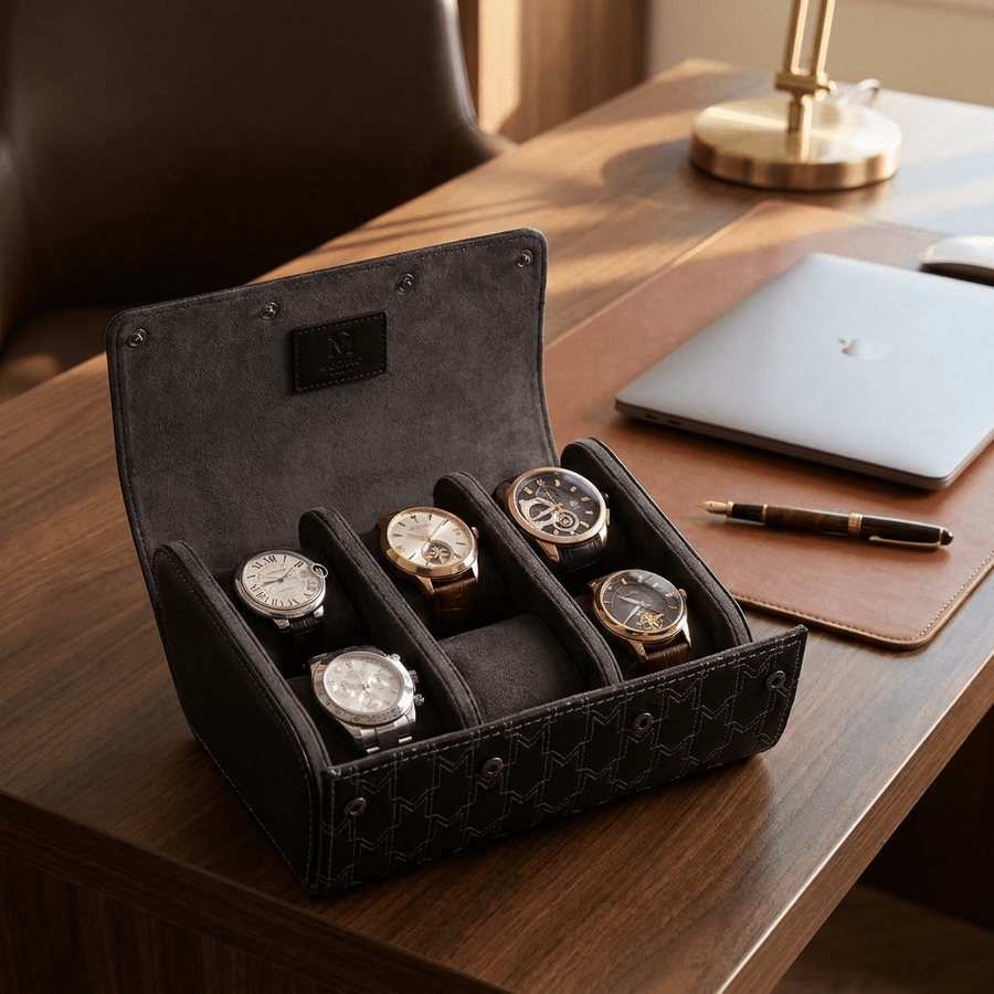 Modalo OPTIMUS horlogerol leder 6 horloges Saphire Black - lifestyle open met horloges