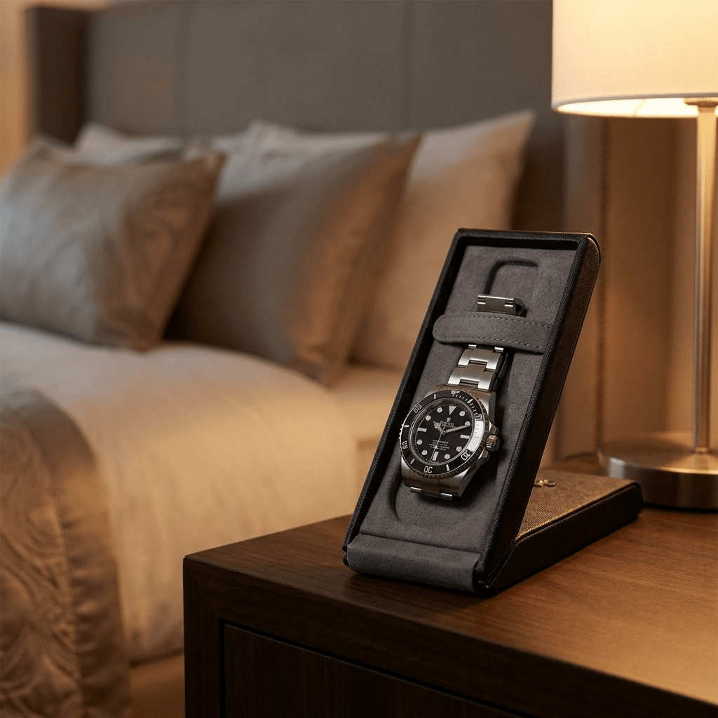 Wolf 1834 philipp-flip horlogestandaard Saphire Black lifestyle-nachtkastje