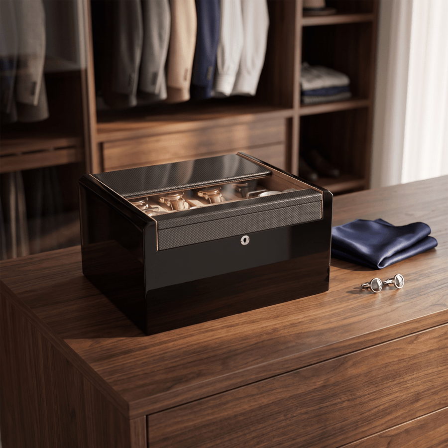 Modalo Imperia 16 horlogedoos Carbon op een dressoir