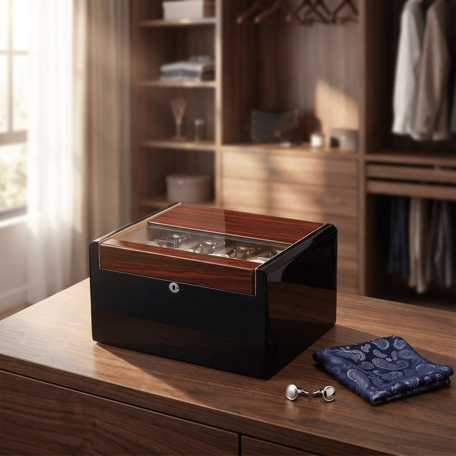 Modalo Imperia 16 horlogedoos Makassar op een dressoir