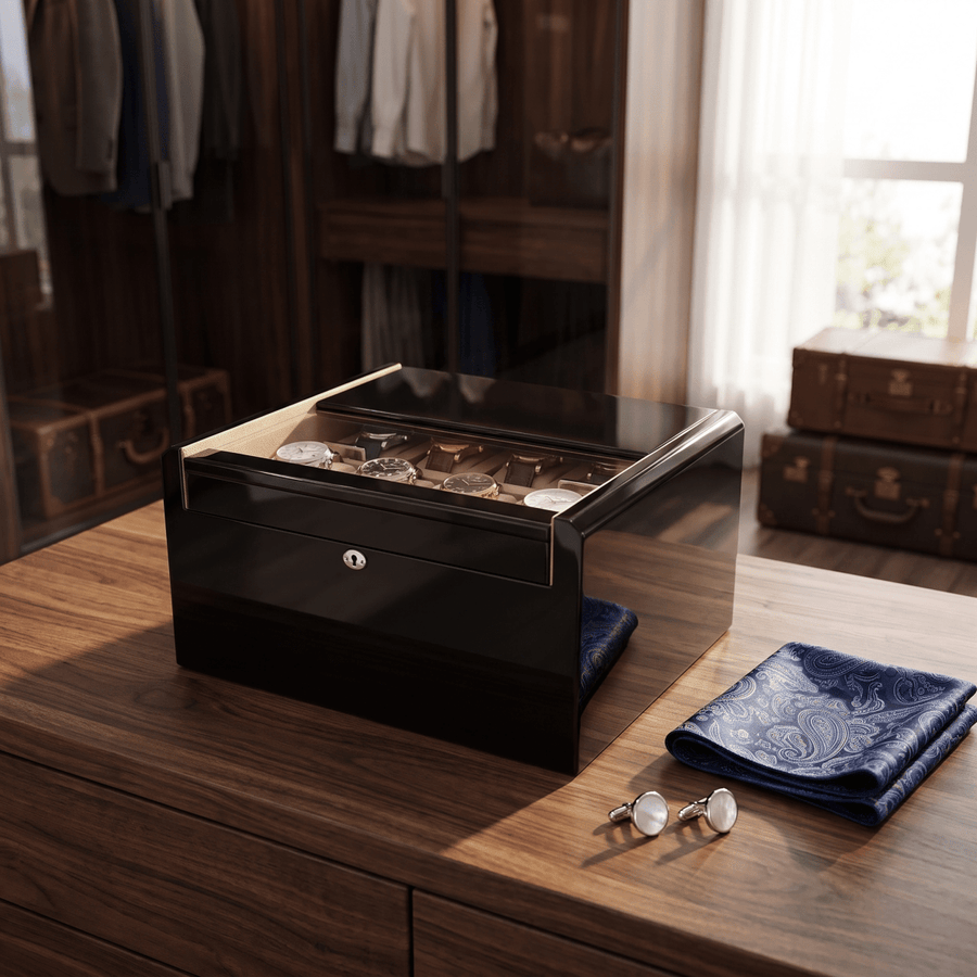 Modalo Imperia 16 horlogedoos zwart op een dressoir