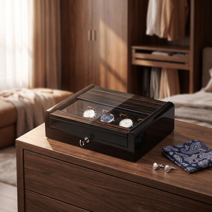Modalo Imperia 8 horlogedoos Makassar op een dressoir