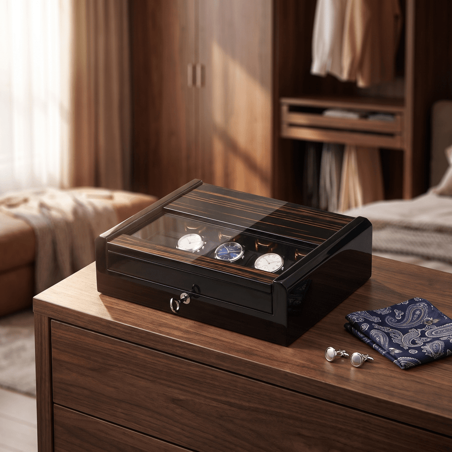 Modalo Imperia 8 horlogedoos Makassar op een dressoir