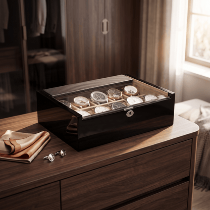 Modalo Lucia 10 horlogedoos Carbon op een dressoir