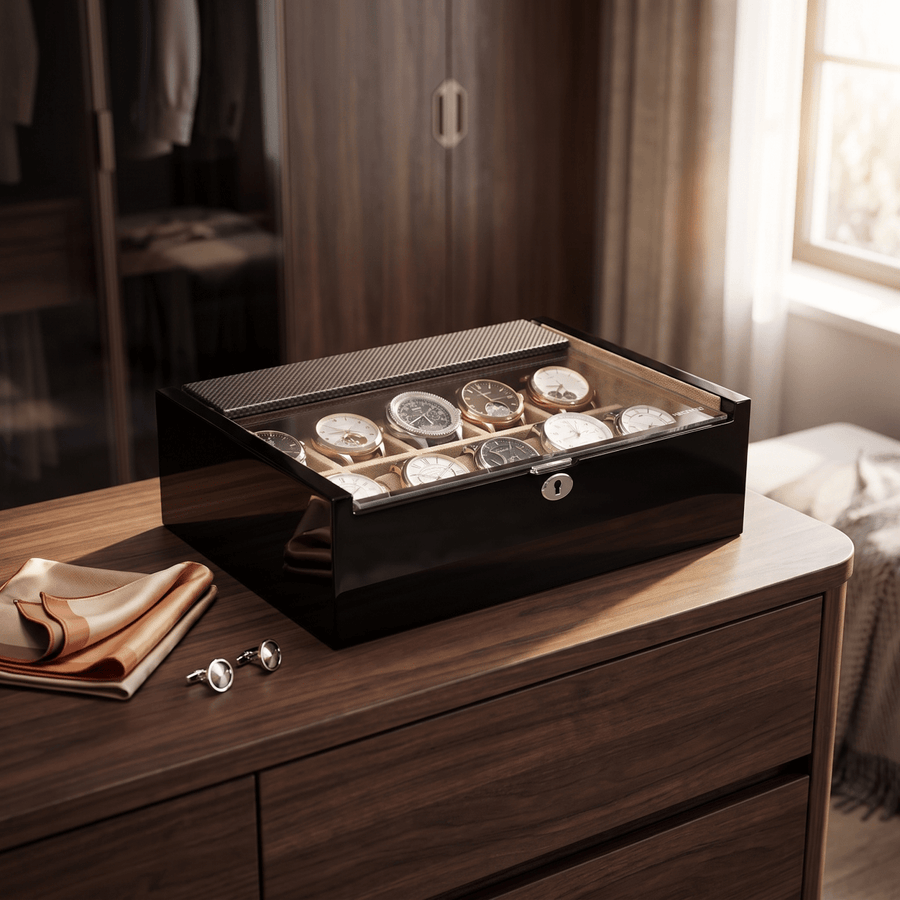 Modalo Lucia 10 horlogedoos Carbon op een dressoir