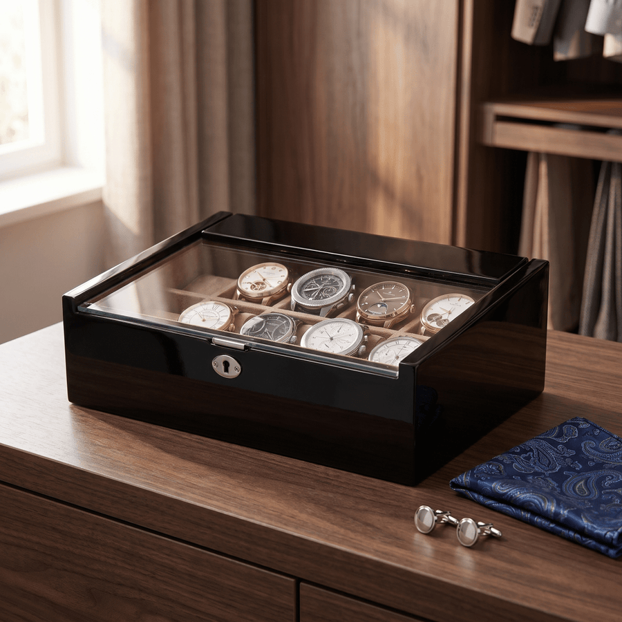 Modalo Lucia 10 horlogedoos zwart op een dressoir