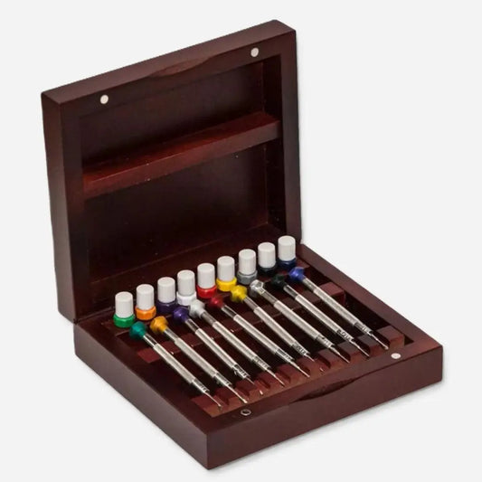 Schroevendraaierset 9-delig in houten doos - Watch Care & Tools - Horlogerieshop.nl