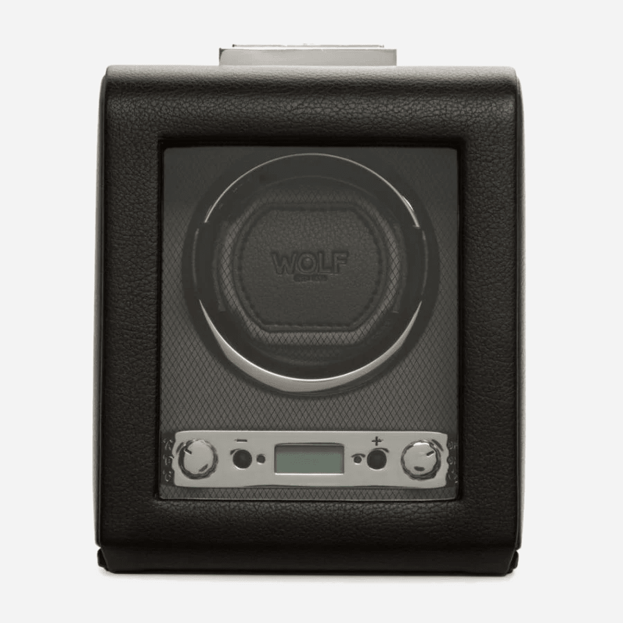 Wolf 1834 Viceroy watch winder voor 1 horloge in zwart vegan leder met glazen cover