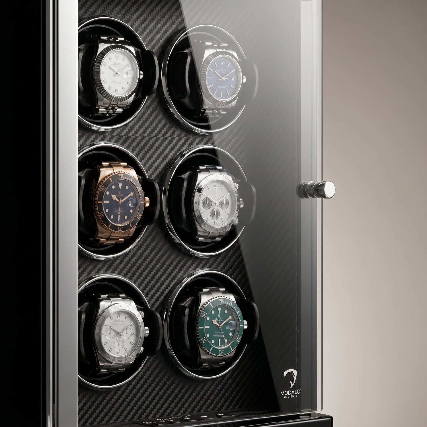 Modalo AMBIENTE Vertical 6 watch winder Carbon detail