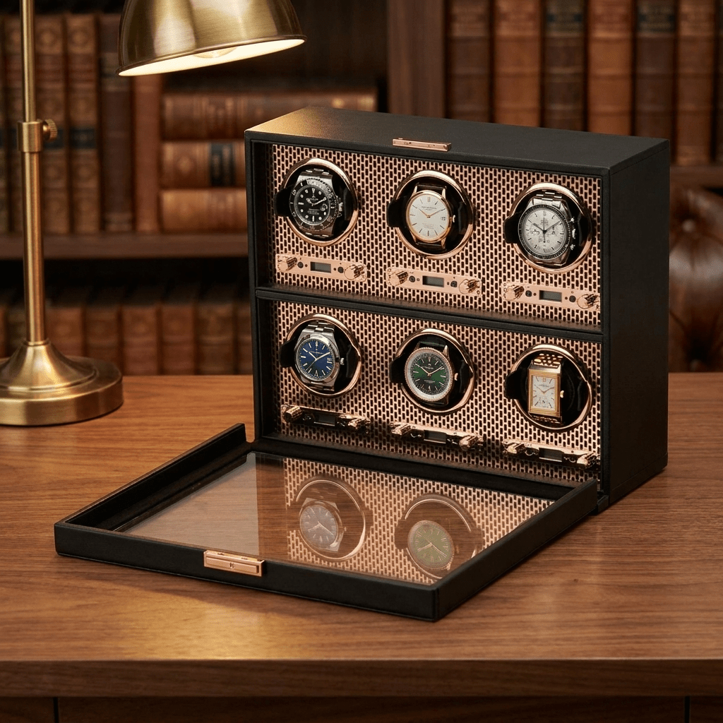 Wolf 1834 Axis watch winder in lasercut staal met zes horloges op een bureau
