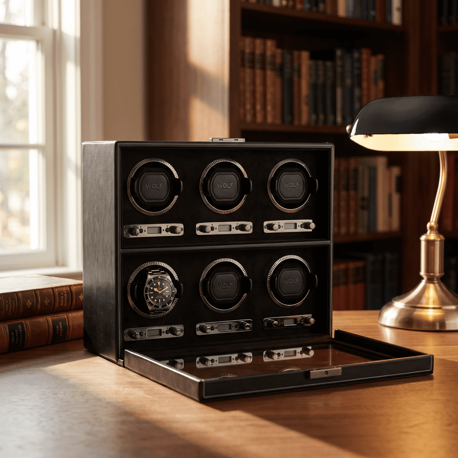 Watch winder British Racing 6 horloges Wolf 1834 zwart, detail van de zes trommels