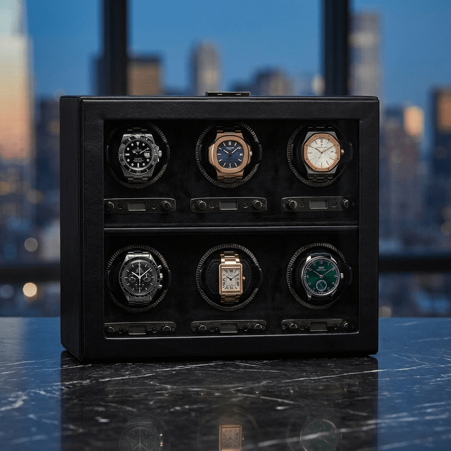 Wolf 1834 British Racing watch winder voor 6 horloges in zwart leer, gevuld met verschillende luxe horloges, op donker marmer met een avondlijke skyline op de achtergrond