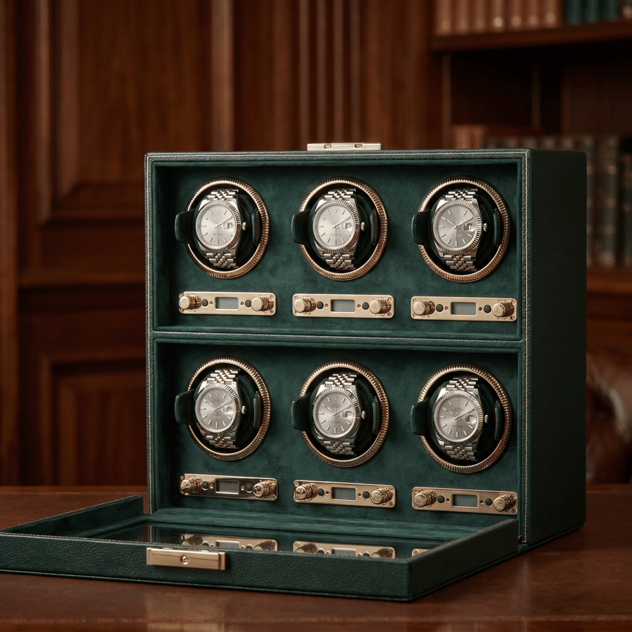 Wolf 1834 British Racing watch winder voor 6 horloges in smaragdgroen
