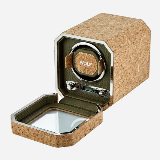 Wolf 1834 Cortica watch winder voor 1 horloge van kurk met geopende glazen voorklep