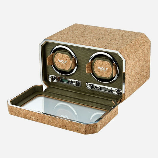 Wolf 1834 Cortica watch winder voor 2 horloges van kurk met geopende glazen voorklep
