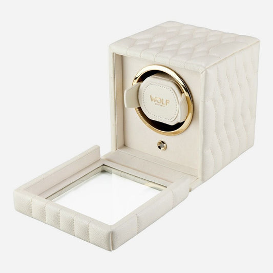 Watch winder Lauren voor 1 horloge van Wolf 1834 in Ivoor, met de glazen klep opengeklapt