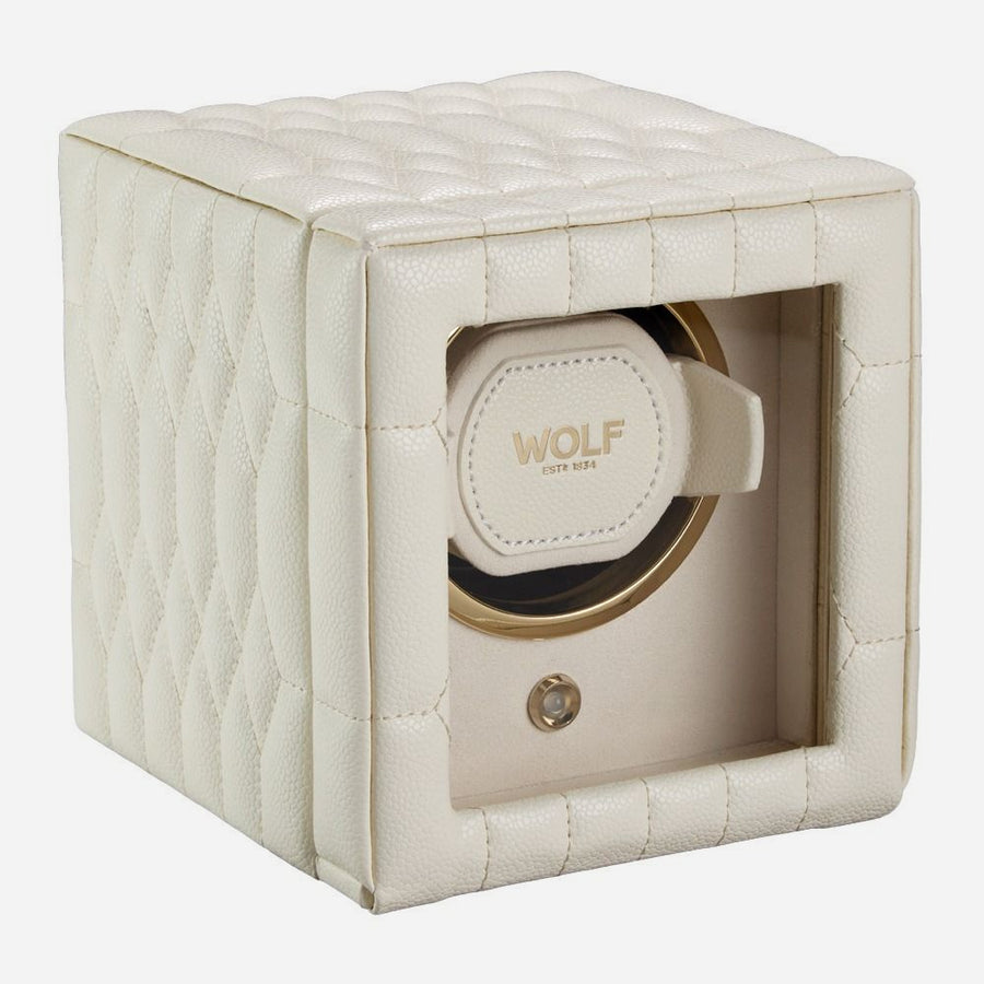 Watch winder Lauren voor 1 horloge van Wolf 1834 in Ivoor, gesloten, schuin van voren