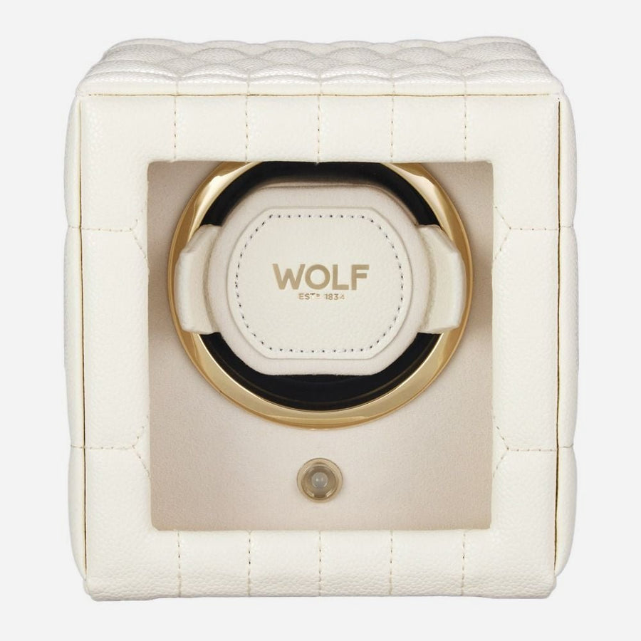 Watch winder Lauren voor 1 horloge van Wolf 1834 in Ivoor, van voren, achter de glazen klep