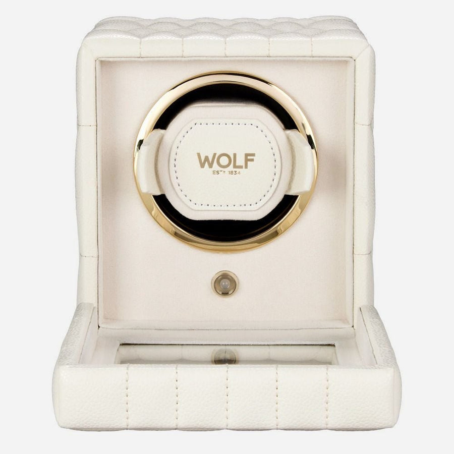 Watch winder Lauren voor 1 horloge van Wolf 1834 in Ivoor, van voren met de glazen klep open