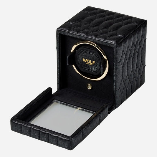 Watch winder Lauren voor 1 horloge van Wolf 1834 in Zwart, met de glazen klep opengeklapt