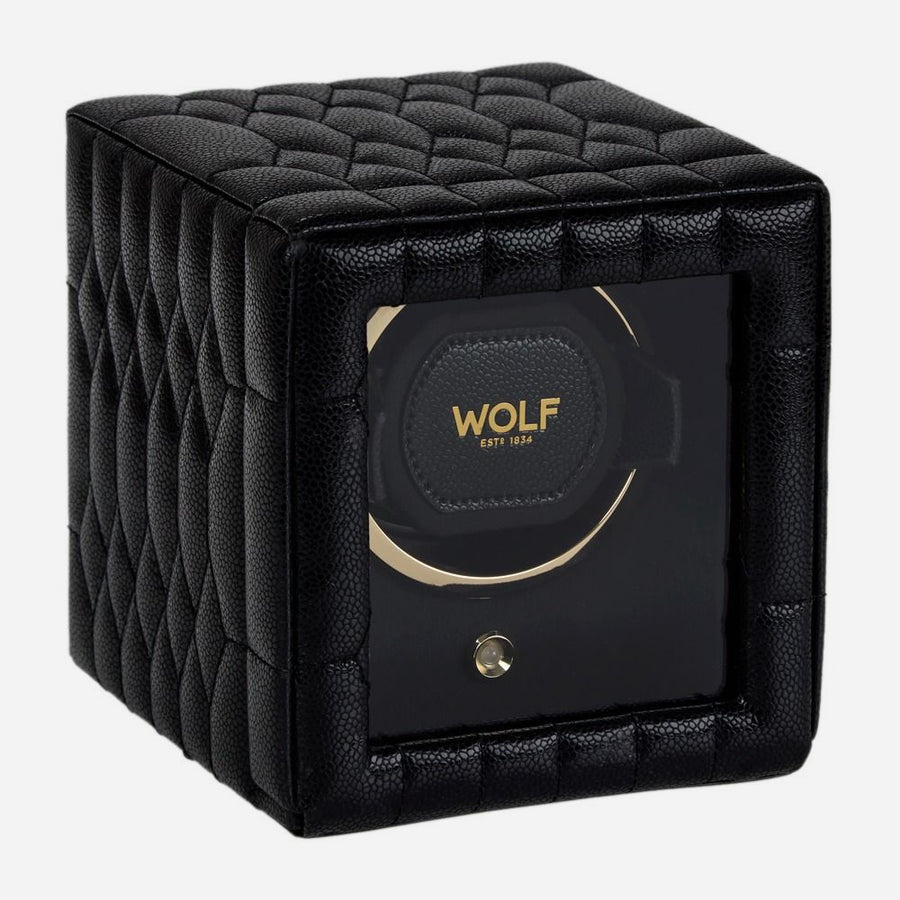 Watch winder Lauren voor 1 horloge van Wolf 1834 in Zwart, gesloten, schuin van voren