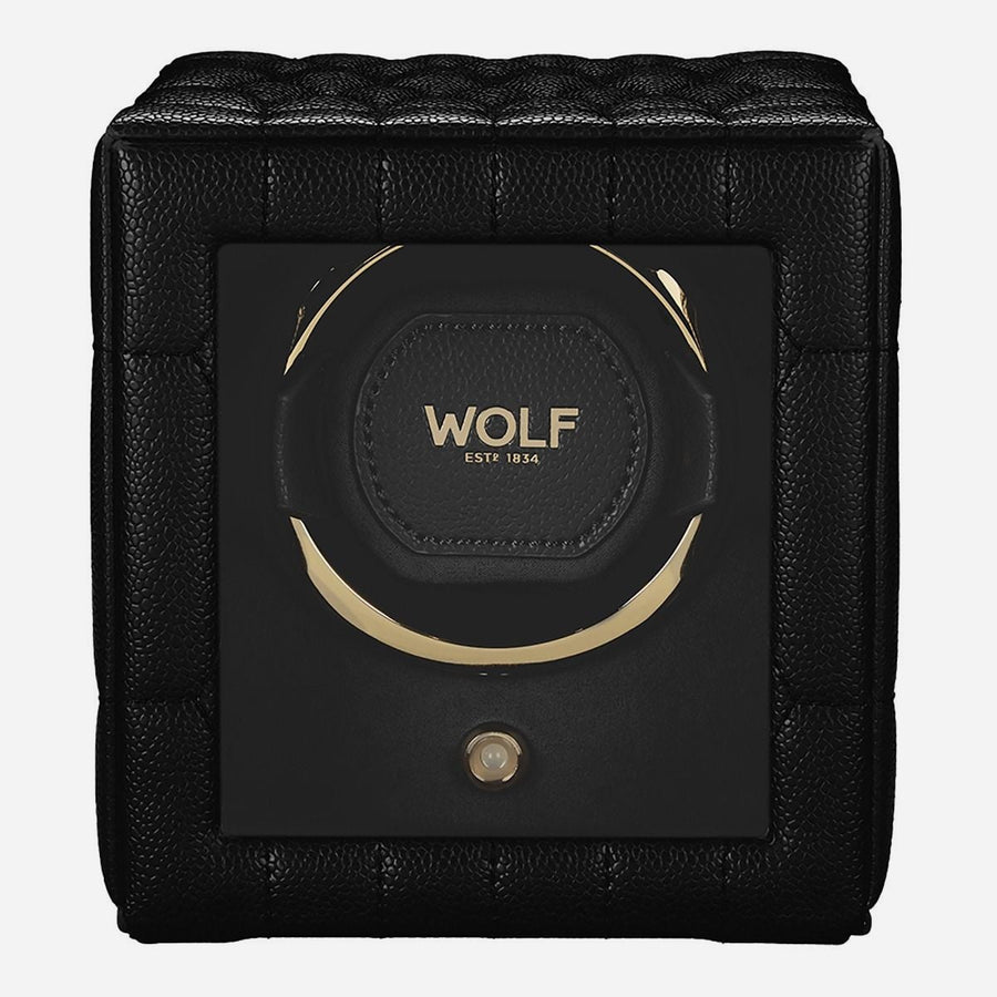 Watch winder Lauren voor 1 horloge van Wolf 1834 in Zwart, van voren, achter de glazen klep