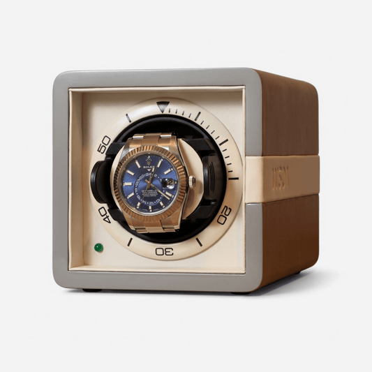 Watch Winder Leder 1 Horloge Leanschi, grijs met ivoor, vooraanzicht