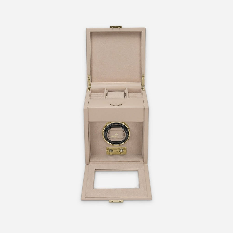 Watch winder Luxora voor 1 horloge van Windrose 1967 in Beige / Goud, geopend, recht van voren