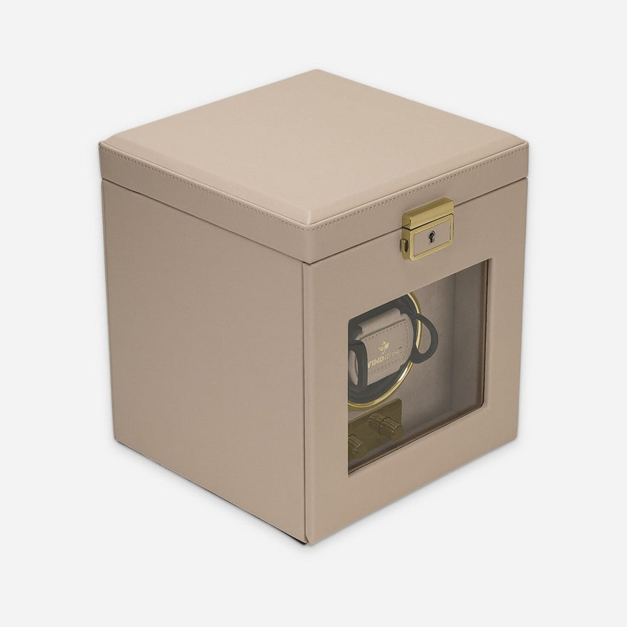 Watch winder Luxora voor 1 horloge van Windrose 1967 in Beige / Goud, gesloten, schuin van voren