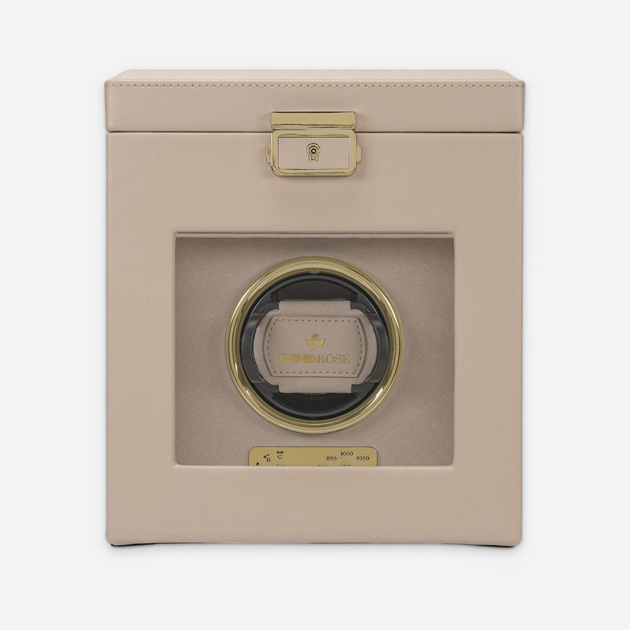 Watch winder Luxora voor 1 horloge van Windrose 1967 in Beige / Goud, gesloten, recht van voren met zicht op de winder achter het glas
