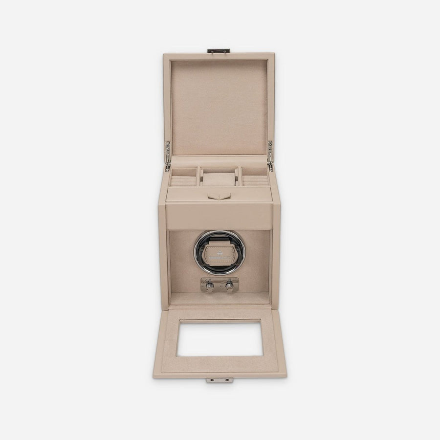 Watch winder Luxora voor 1 horloge van Windrose 1967 in Beige / Zilver, geopend, recht van voren