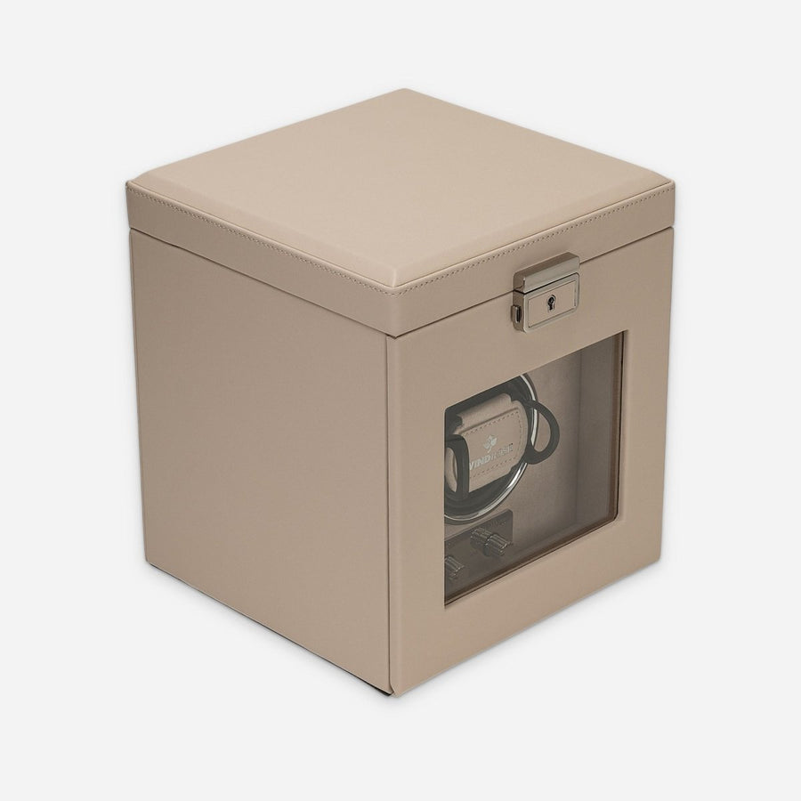 Watch winder Luxora voor 1 horloge van Windrose 1967 in Beige / Zilver, gesloten, schuin van voren
