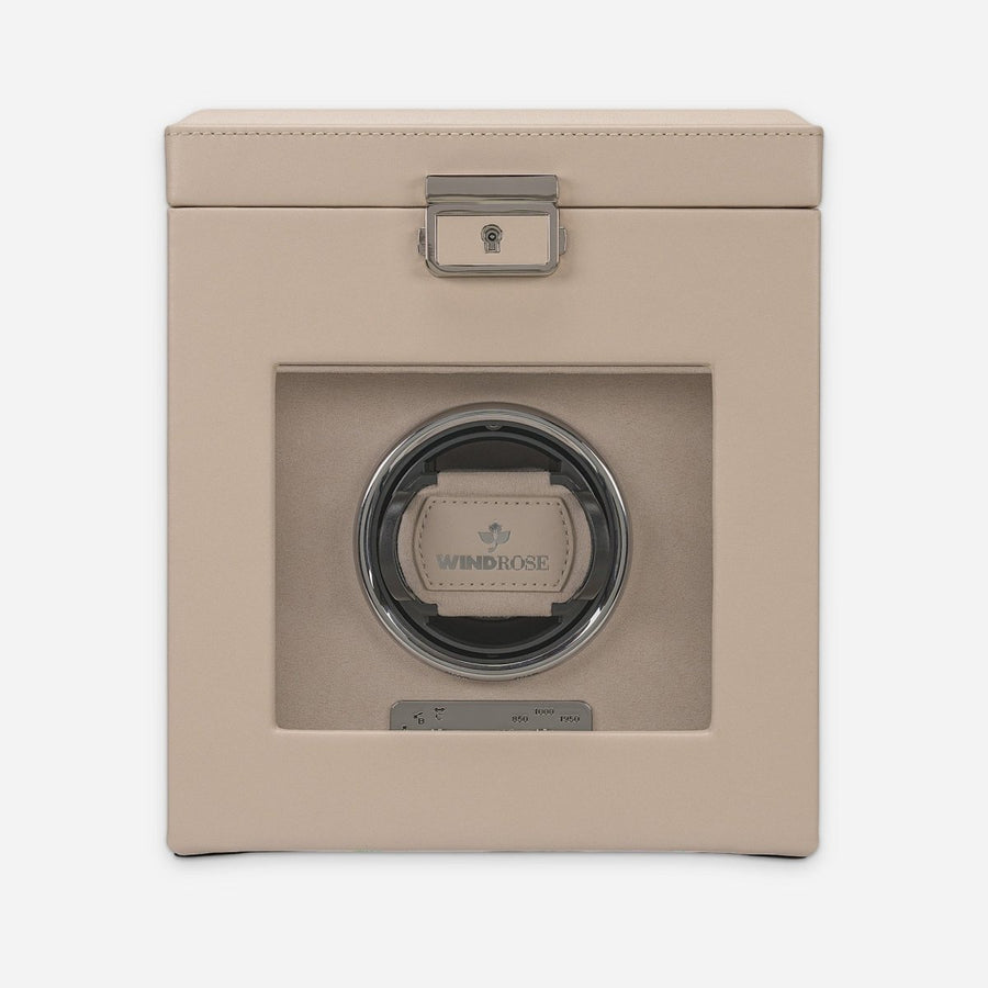 Watch winder Luxora voor 1 horloge van Windrose 1967 in Beige / Zilver, gesloten, recht van voren met zicht op de winder achter het glas