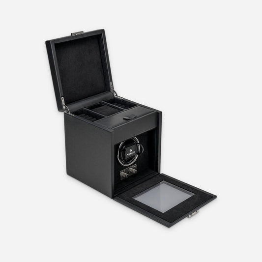 Watch winder Luxora voor 1 horloge van Windrose 1967 in Zwart / Zilver, geopend, met het deksel omhoog en de glazen klep neergeklapt, schuin van voren
