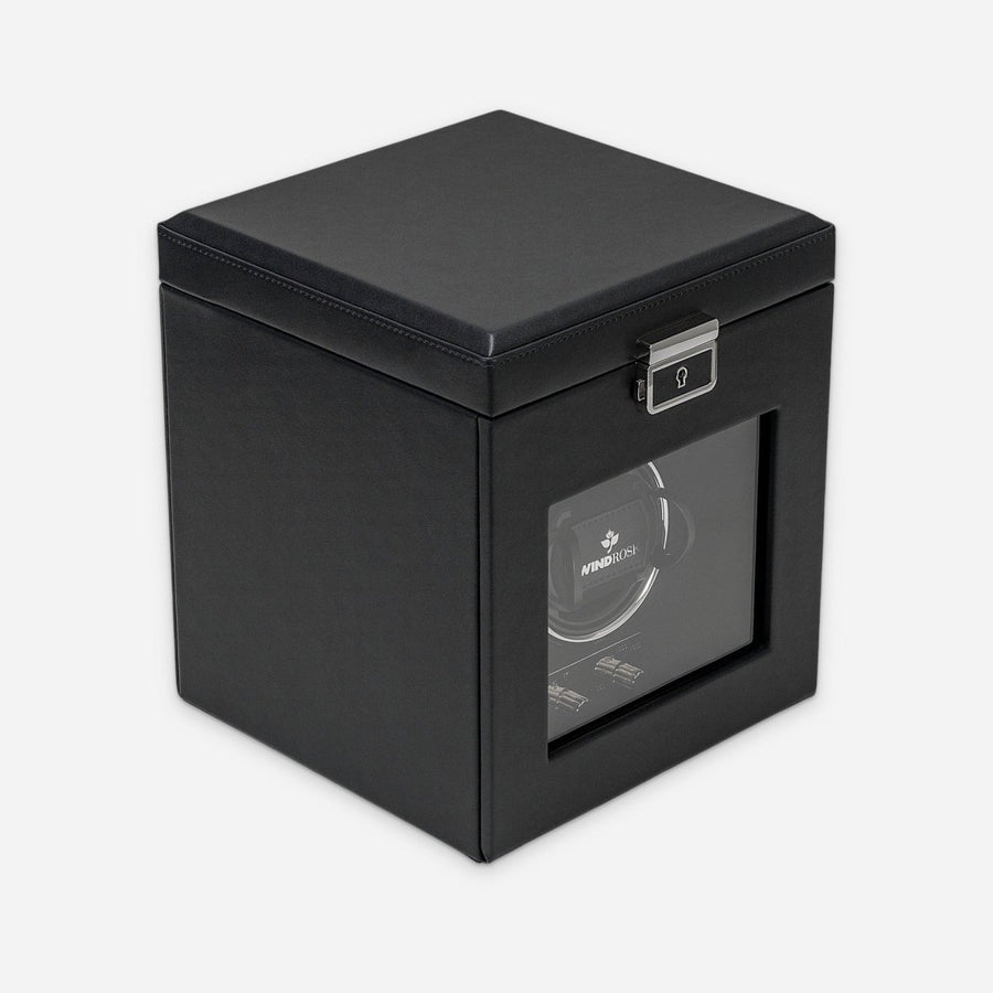 Watch winder Luxora voor 1 horloge van Windrose 1967 in Zwart / Zilver, gesloten, schuin van voren