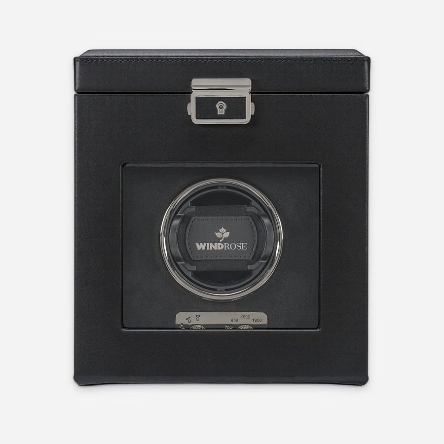 Watch winder Luxora voor 1 horloge van Windrose 1967 in Zwart / Zilver, gesloten, recht van voren met zicht op de winder achter het glas
