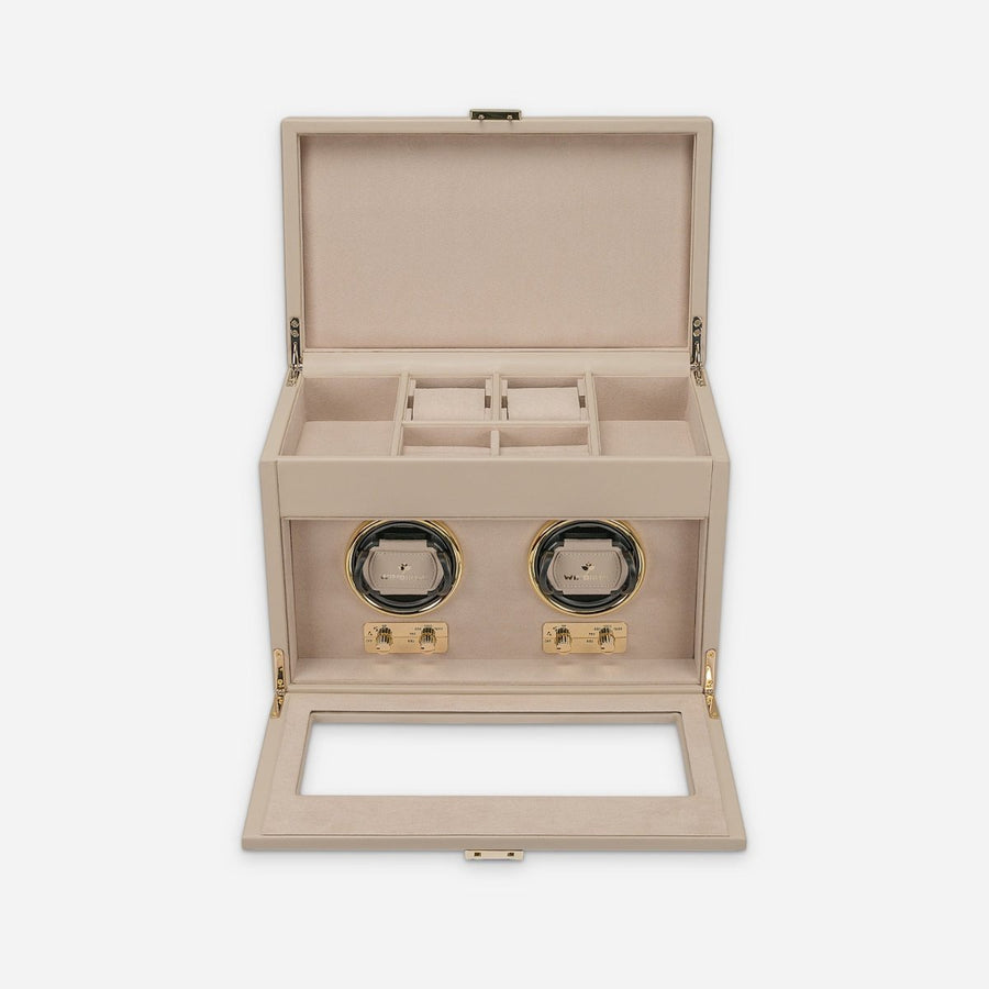 Watch winder Luxora voor 2 horloges van Windrose 1967 in Beige / Goud, geopend, recht van voren