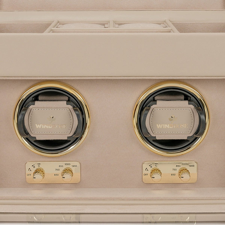 Watch winder Luxora voor 2 horloges van Windrose 1967 in Beige / Goud, detail van de winders met de analoge draaiknoppen
