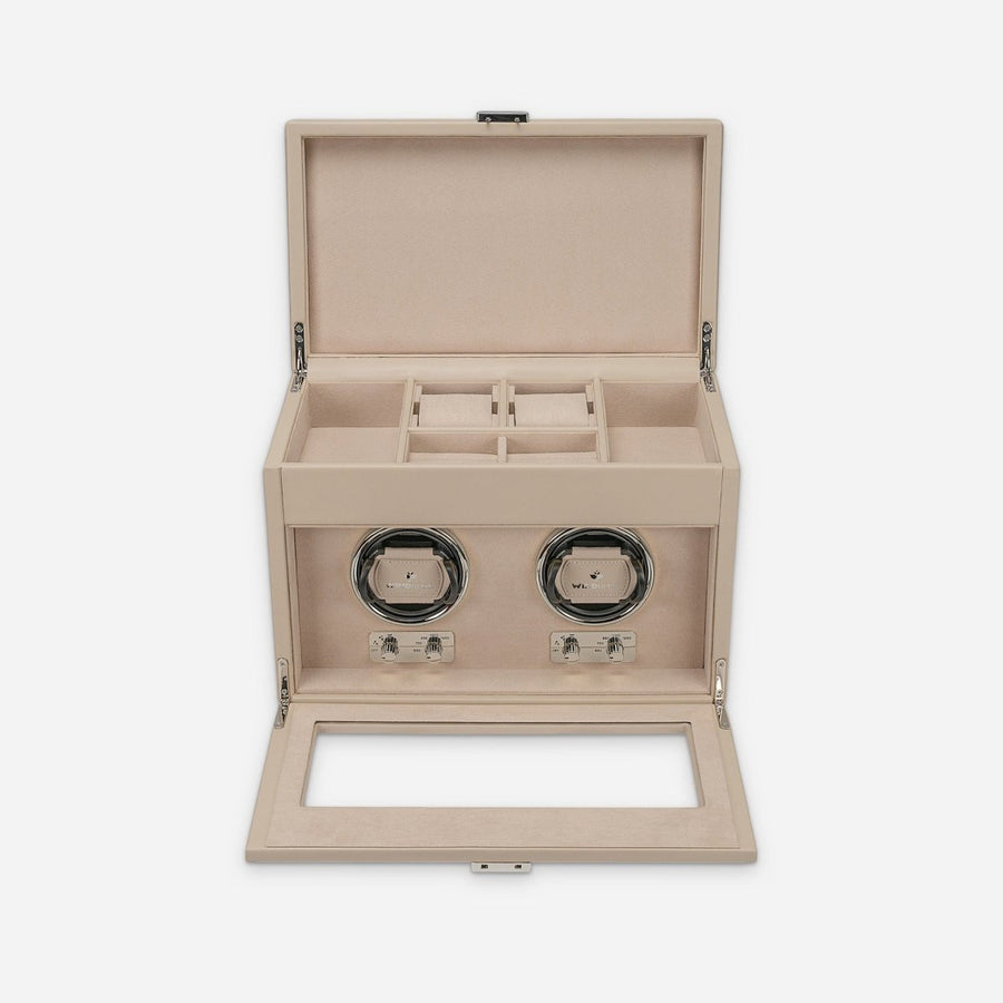 Watch winder Luxora voor 2 horloges van Windrose 1967 in Beige / Zilver, geopend, recht van voren