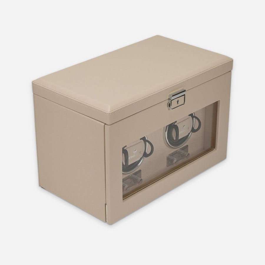 Watch winder Luxora voor 2 horloges van Windrose 1967 in Beige / Zilver, gesloten, schuin van voren