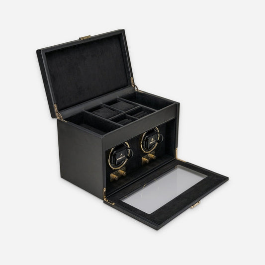 Watch winder Luxora voor 2 horloges van Windrose 1967 in Zwart / Goud, geopend, met het deksel omhoog en de glazen klep neergeklapt, schuin van voren