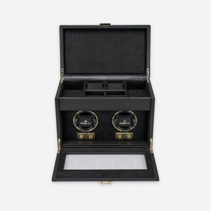 Watch winder Luxora voor 2 horloges van Windrose 1967 in Zwart / Goud, geopend, recht van voren