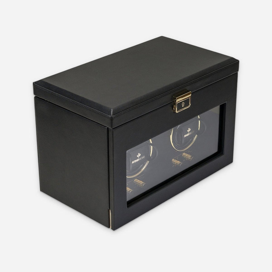 Watch winder Luxora voor 2 horloges van Windrose 1967 in Zwart / Goud, gesloten, schuin van voren