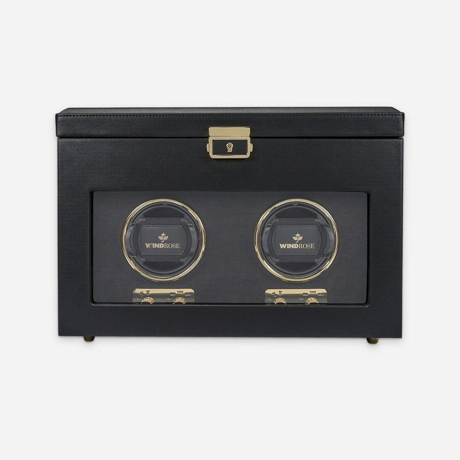 Watch winder Luxora voor 2 horloges van Windrose 1967 in Zwart / Goud, gesloten, recht van voren met zicht op de winder achter het glas