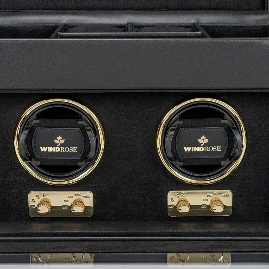 Watch winder Luxora voor 2 horloges van Windrose 1967 in Zwart / Goud, detail van de winders met de analoge draaiknoppen