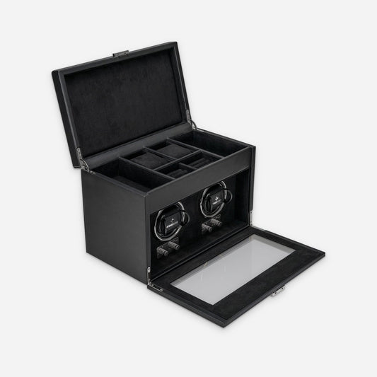 Watch winder Luxora voor 2 horloges van Windrose 1967 in Zwart / Zilver, geopend, met het deksel omhoog en de glazen klep neergeklapt, schuin van voren